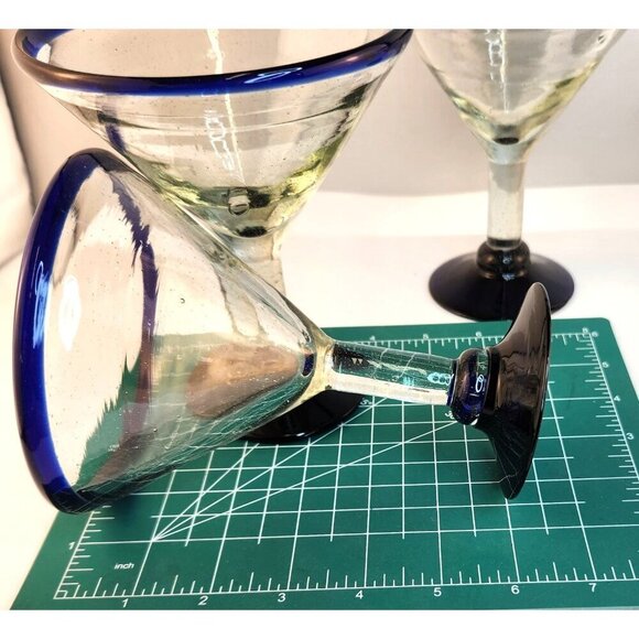 Retro MEXICO Hand Blown Cobalt Rim & Foot 12oz Stemmed MARTINI GLASSES Set of 4 - Picture 4 of 10